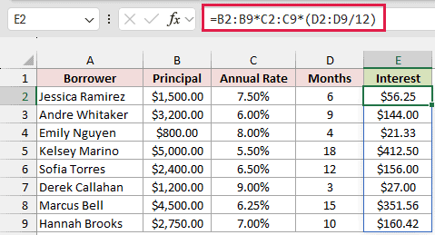 Months divided by 12 formula returning $56.25 in interest for Jessica Ramirez