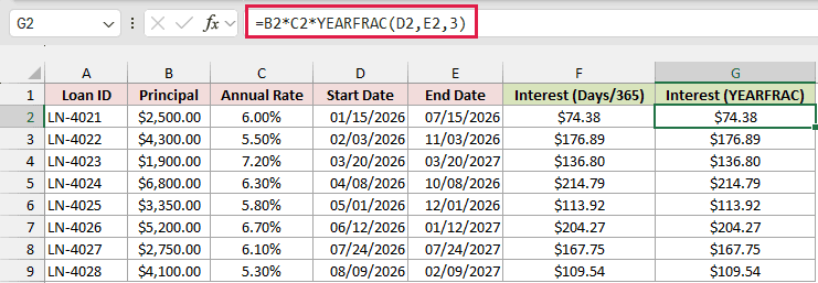 YEARFRAC formula with basis 3 matching the days over 365 results