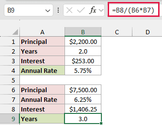 Formula finding the loan term of 3.0 years