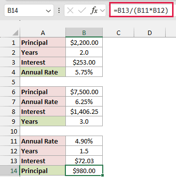 Formula finding the principal of $980.00