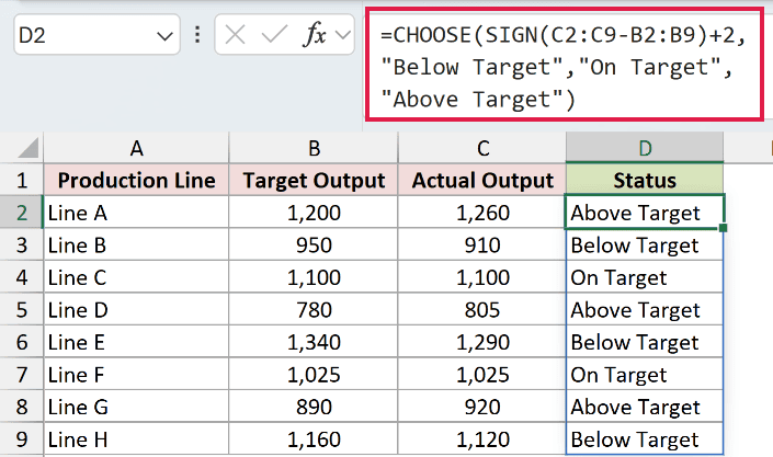 =CHOOSE(SIGN(C2:C9-B2:B9)+2,"Below Target","On Target","Above Target") in D2