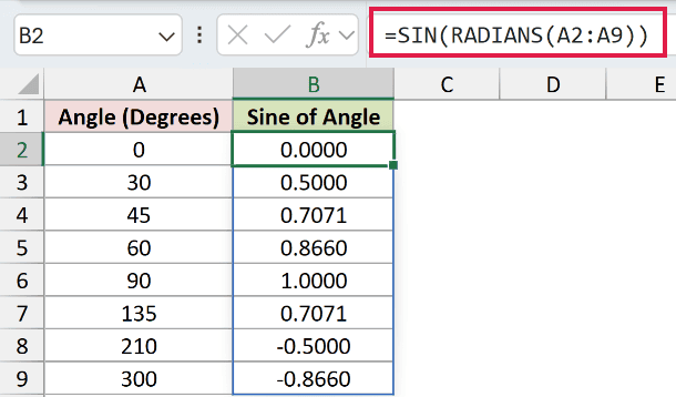 =SIN(RADIANS(A2:A9)) in B2