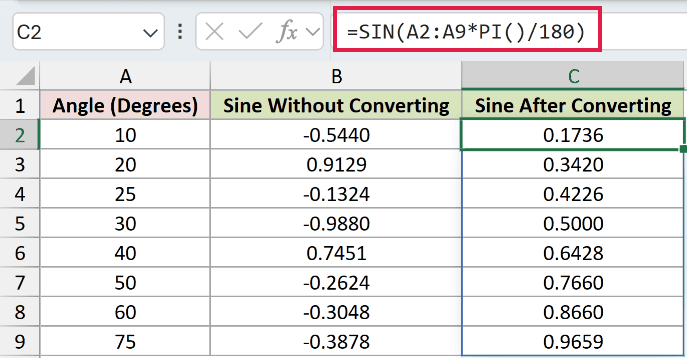 =SIN(A2:A9*PI()/180) in C2
