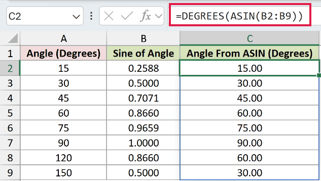 =DEGREES(ASIN(B2:B9)) in C2