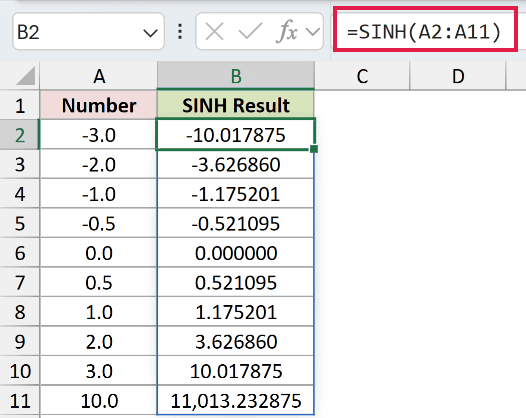 =SINH(A2:A11) in B2