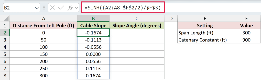 =SINH((A2:A8-$F$2/2)/$F$3) in B2