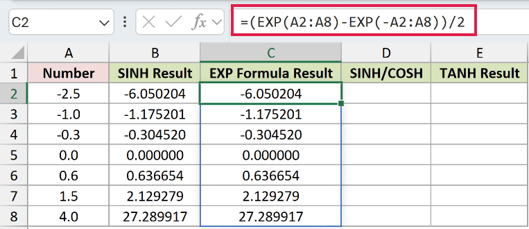 =(EXP(A2:A8)-EXP(-A2:A8))/2 in C2
