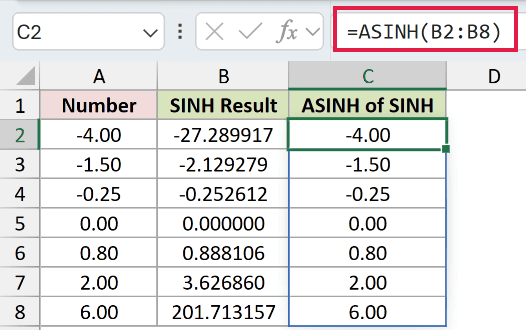 =ASINH(B2:B8) in C2
