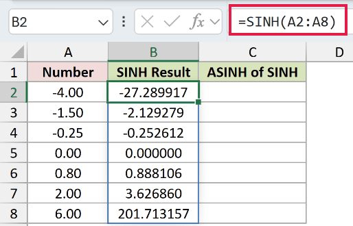 =SINH(A2:A8) in B2