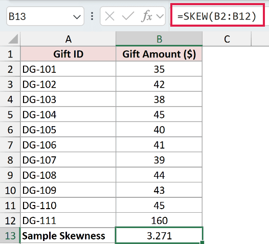 =SKEW(B2:B12) in B13