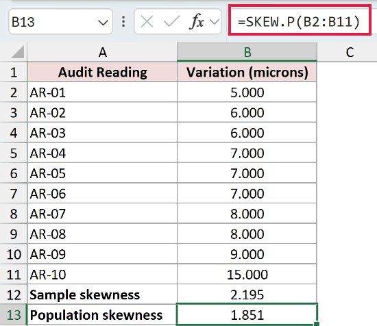 =SKEW.P(B2:B11) in B13