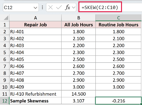 =SKEW(C2:C10) in C12