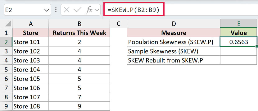 =SKEW.P(B2:B9) in E2