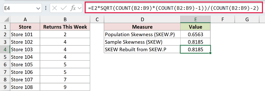 =E2*SQRT(COUNT(B2:B9)*(COUNT(B2:B9)-1))/(COUNT(B2:B9)-2) in E4