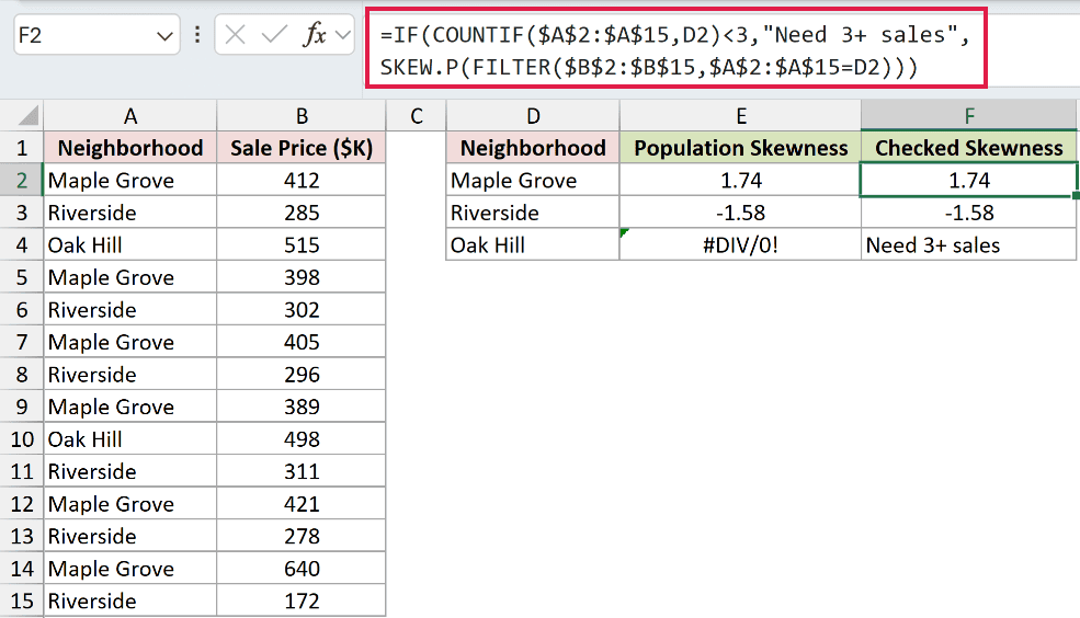 =IF(COUNTIF($A$2:$A$15,D2)<3,"Need 3+ sales",SKEW.P(FILTER($B$2:$B$15,$A$2:$A$15=D2))) in F2