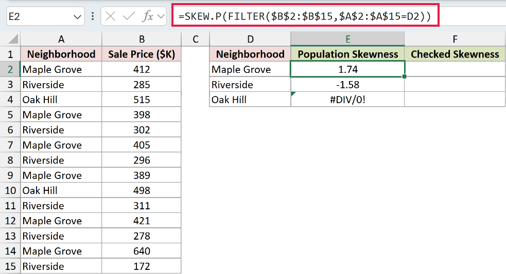 =SKEW.P(FILTER($B$2:$B$15,$A$2:$A$15=D2)) in E2
