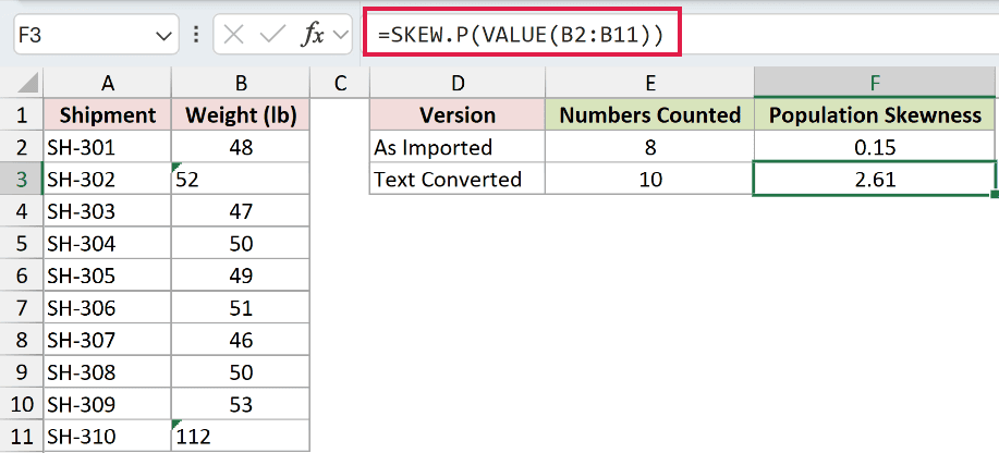 =SKEW.P(VALUE(B2:B11)) in F3