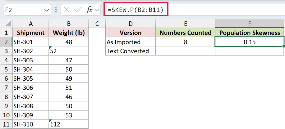 =SKEW.P(B2:B11) in F2
