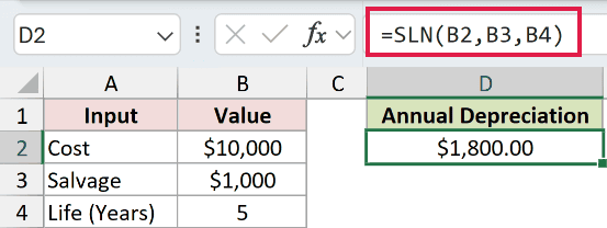 SLN Example 1: formula and calculated result in D2