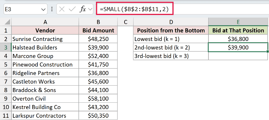 =SMALL($B$2:$B$11,2) in E3