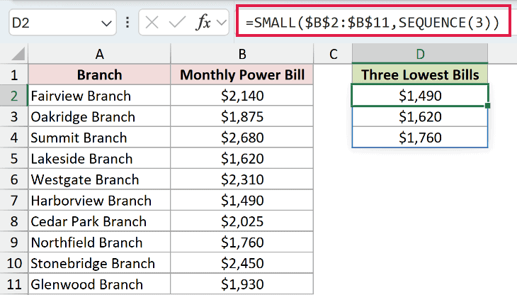 =SMALL($B$2:$B$11,SEQUENCE(3)) in D2