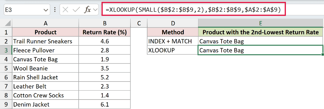 =XLOOKUP(SMALL($B$2:$B$9,2),$B$2:$B$9,$A$2:$A$9) in E3