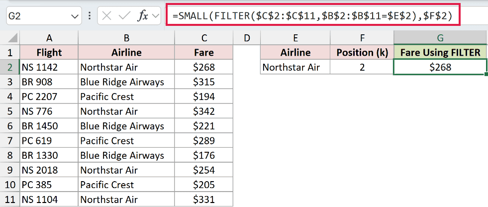 =SMALL(FILTER($C$2:$C$11,$B$2:$B$11=$E$2),$F$2) in G2