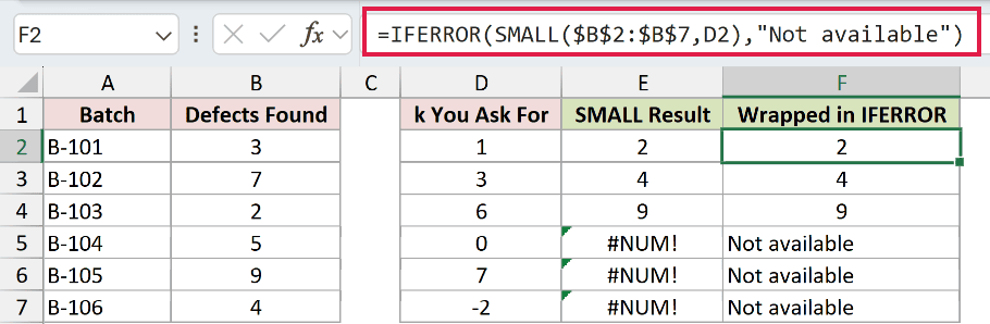 =IFERROR(SMALL($B$2:$B$7,D2),"Not available") in F2