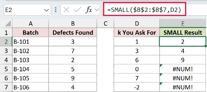 =SMALL($B$2:$B$7,D2) in E2