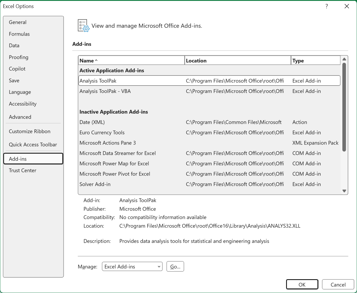 The Add-ins page of Excel Options, with the Manage box set to Excel Add-ins and the Go button at the bottom