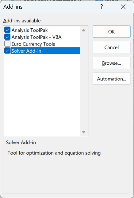 The Add-ins dialog with the Solver Add-in box checked