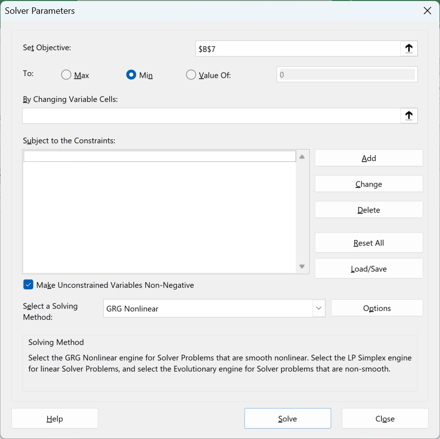 The Solver Parameters dialog with the objective set to cell B7 and Min selected