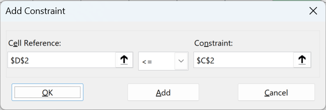 The Add Constraint dialog with D2 on the left, the <= operator, and C2 as the constraint