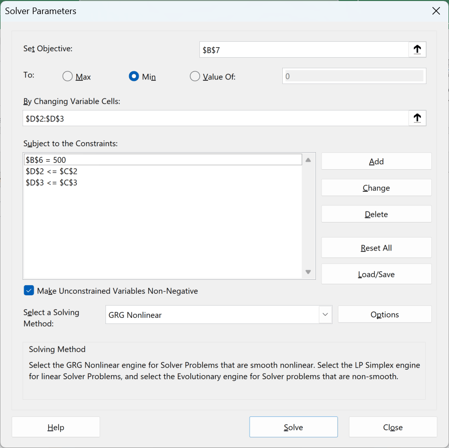 All three constraints listed in the Solver Parameters dialog: D2<=C2, D3<=C3 and B6=500