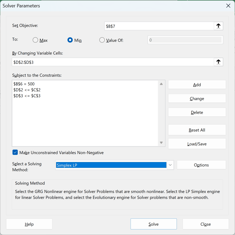 Make Unconstrained Variables Non-Negative checked and Simplex LP chosen as the solving method