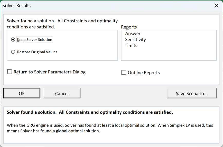 The Solver Results dialog reporting that a solution was found, with Keep Solver Solution selected