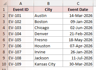 An Excel event list with Event ID, City and Event Date in A1:C10, listed in event-ID order rather than by date