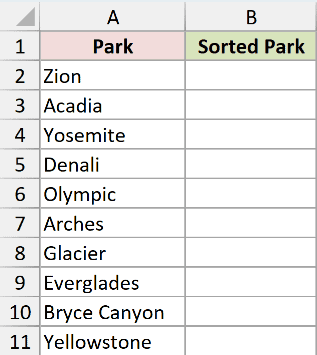 SORT Example 1: source data and empty result cells
