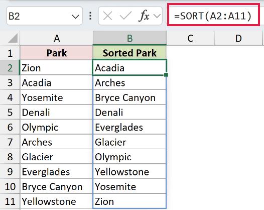 SORT Example 1: formula and calculated result in B2