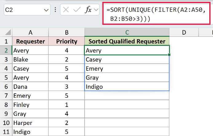 SORT Example 6: formula and calculated result in C2