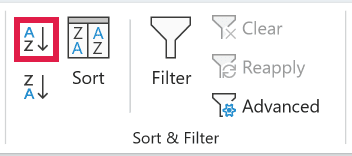 Data tab with the A to Z sort command ready to use