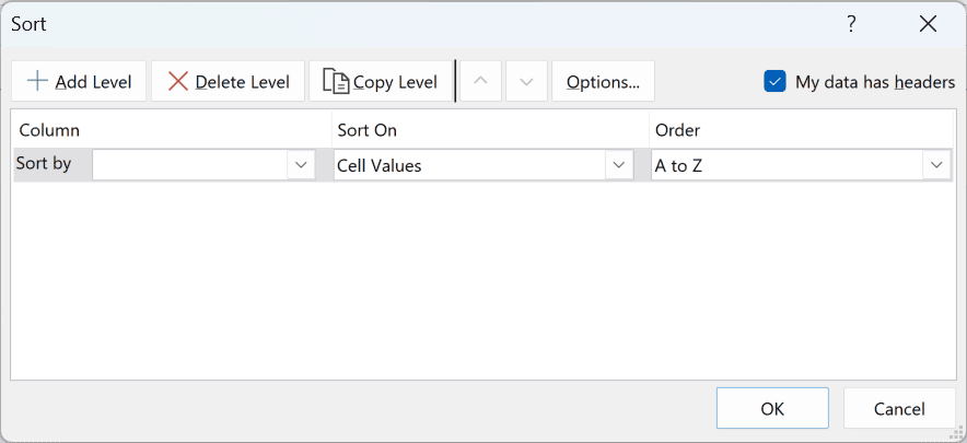 Sort dialog opened for the menu list