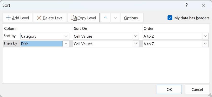 Multi-level Sort dialog with Category followed by Dish