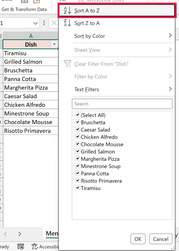 Dish filter dropdown with Sort A to Z available