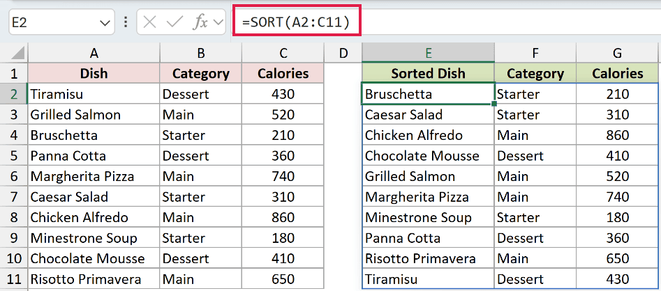 SORT formula spilling an alphabetical copy of the entire menu