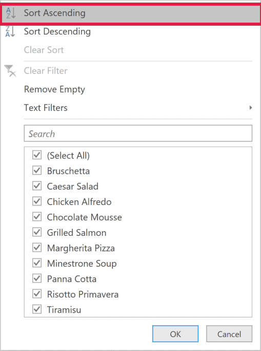 Power Query Dish dropdown with Sort Ascending highlighted