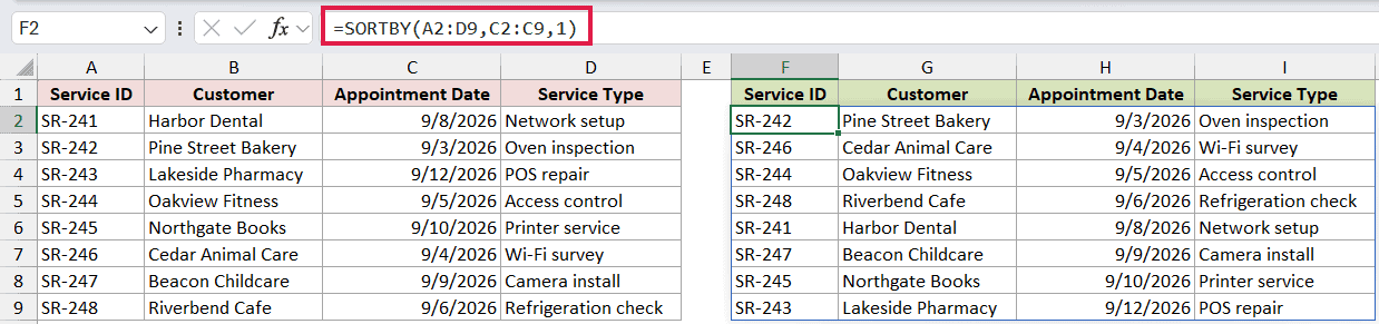 =SORTBY(A2:D9,C2:C9,1) in F2