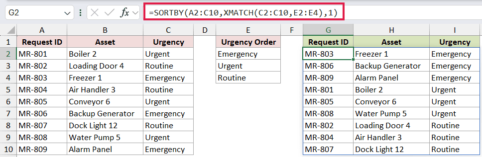 =SORTBY(A2:C10,XMATCH(C2:C10,E2:E4),1) in G2