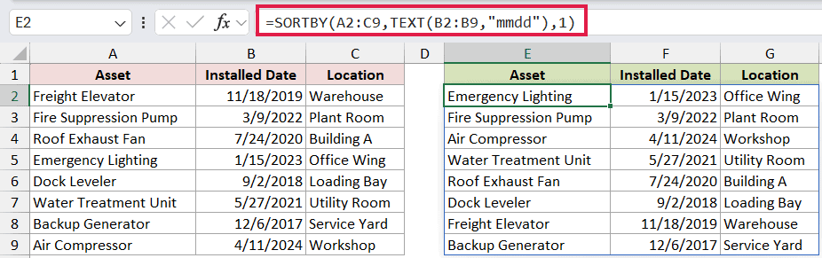 =SORTBY(A2:C9,TEXT(B2:B9,"mmdd"),1) in E2