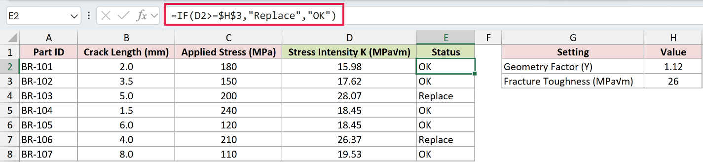 =IF(D2>=$H$3,"Replace","OK") in E2